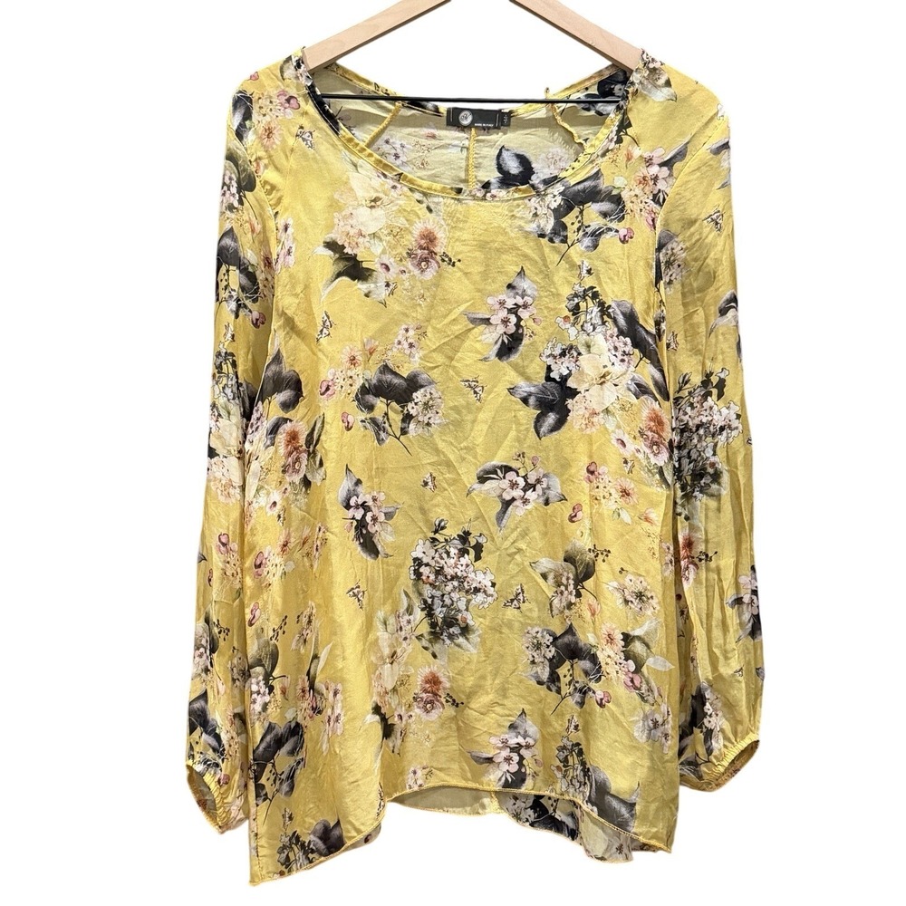 Made in Italy Butter Yellow Silk Blend Floral Print Long‎ Sleeve Blouse Size M